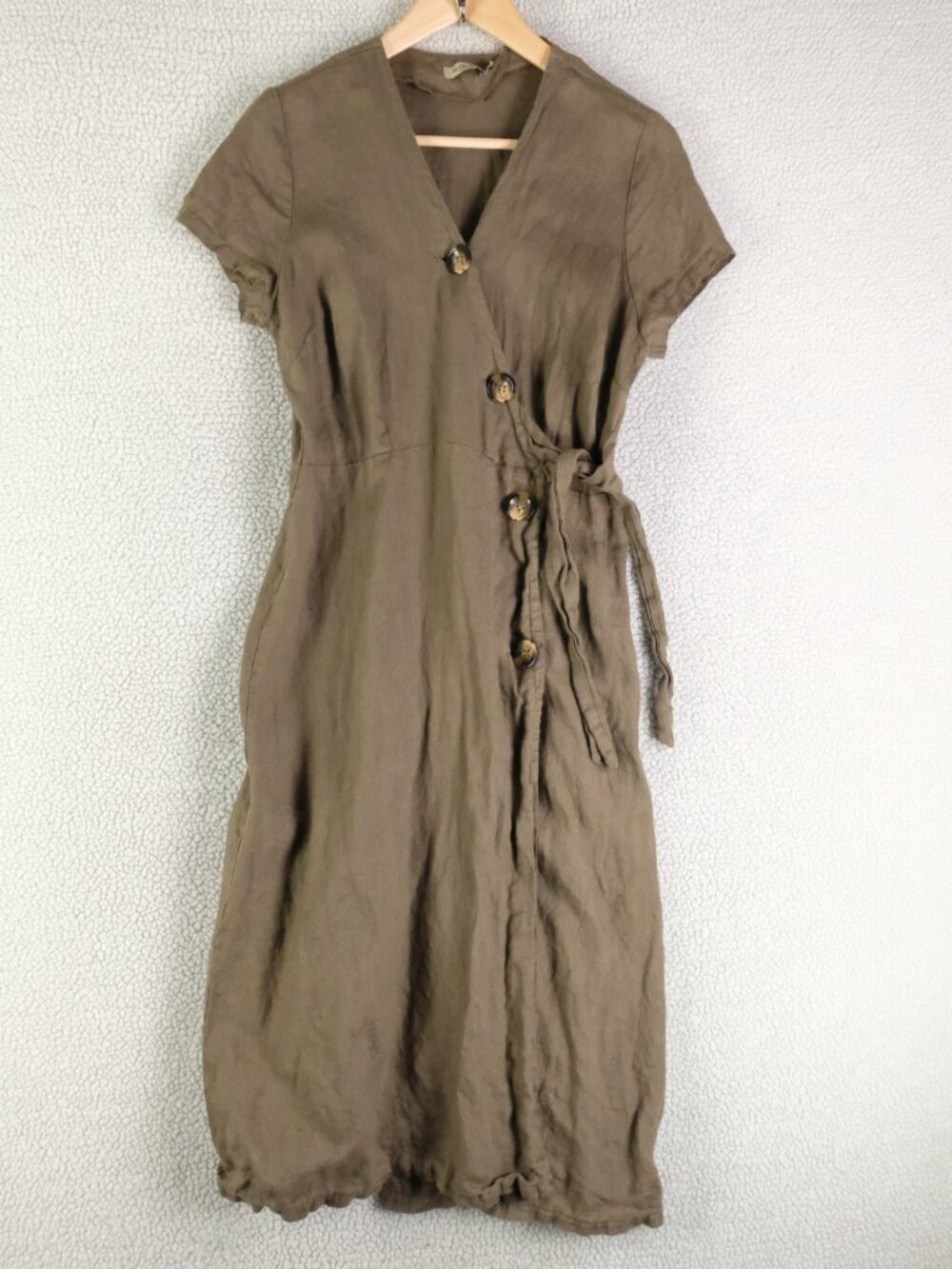 Alessia Pacini Dress Womens Small Olive Green 100% Linen Midi Asymmetrical Italy - Picture 2 of 11